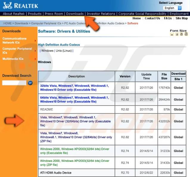 Realtek website and download audio driver