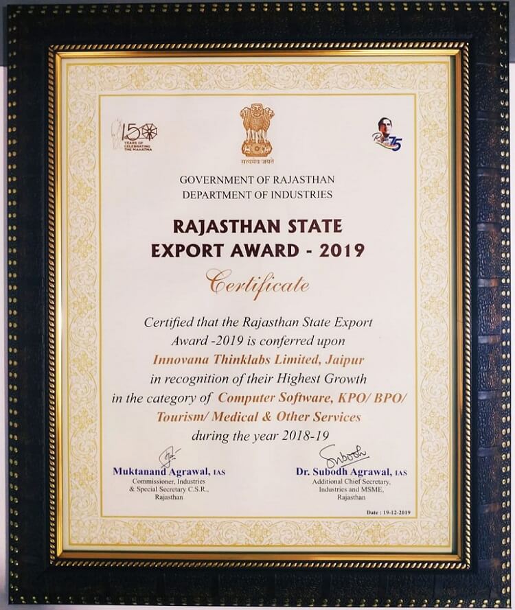 Rajasthan State Export Award 2019- Innovana Certificate