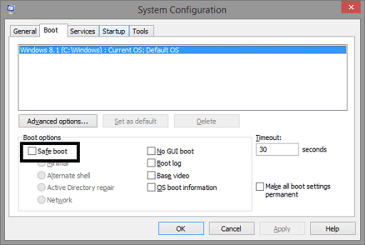 Run Your PC in Safe Mode - Uncheck the safe boot