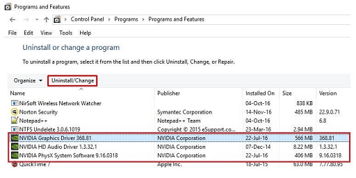 Control Panel - unistall the nvidia drivers