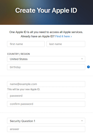 enter details for create apple id