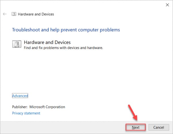 click next button from troubleshooting wizard