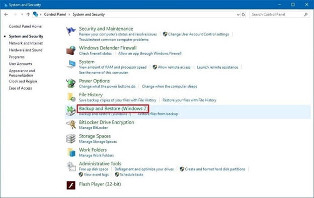 Backup and Restore from system and security setting