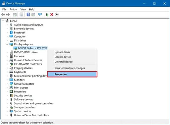 right-click on your display driver then choose properties
