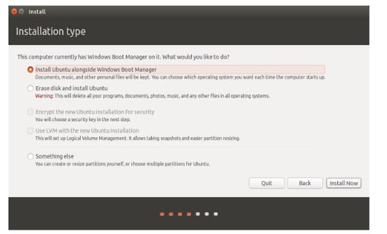 choose Install Ubuntu alongside Windows boot manager
