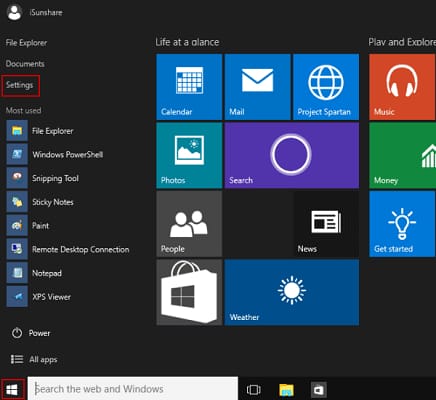 Start icon and select Settings from start menu Start icon and select Settings from start menu