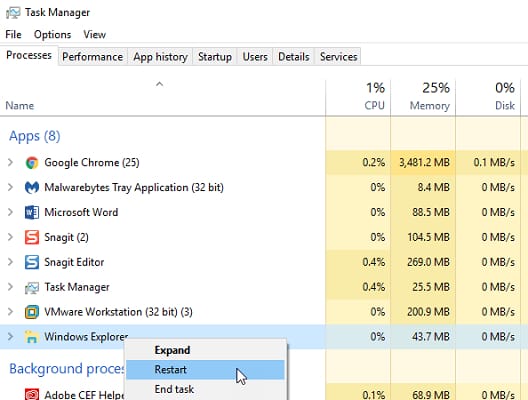 restart windows explorer from task manager