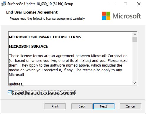 I accept the terms in the license agreement for microsoft surfaceGo