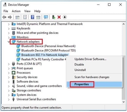 network adapter properties