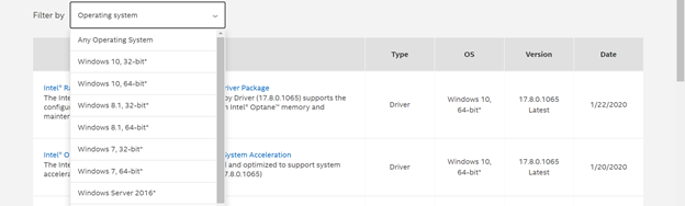 select operating system for intel driver