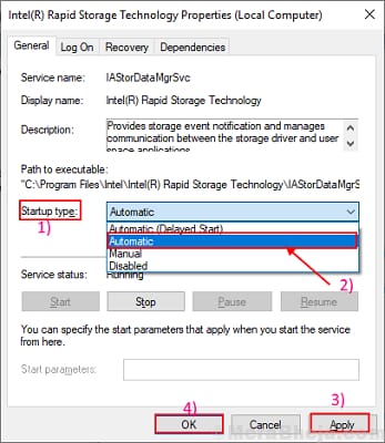 startup type automatic for Intel Rapid Storage Technology service