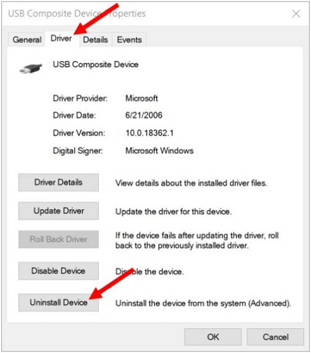 Install the USB port drivers again
