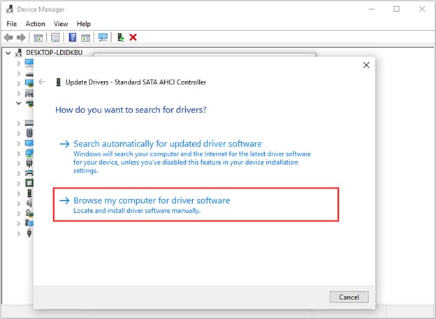 browse my computer for driver software for SATA AHCI Controller