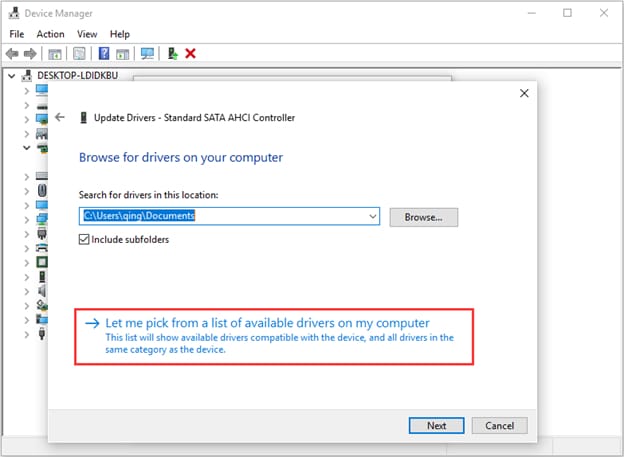 Let me pick from a list of device drivers on my computer for SATA AHCI Controller