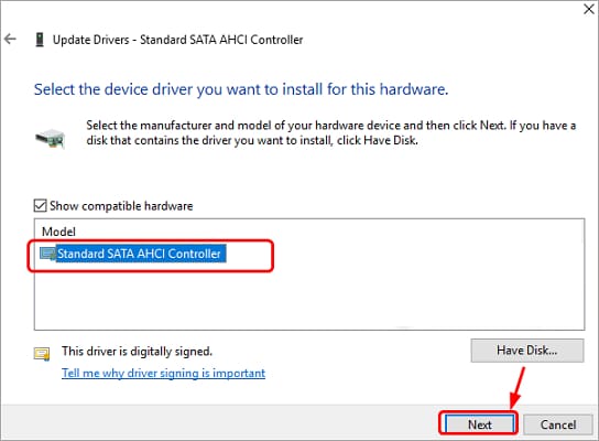 select manufacturer and model of SATA AHCI Controller
