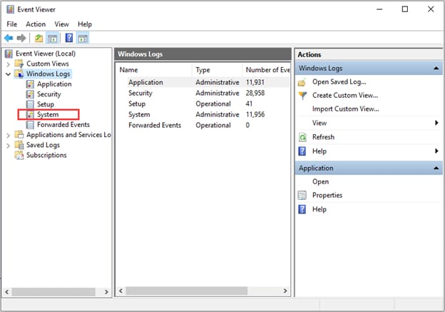 System Events Logs in Event Viewer