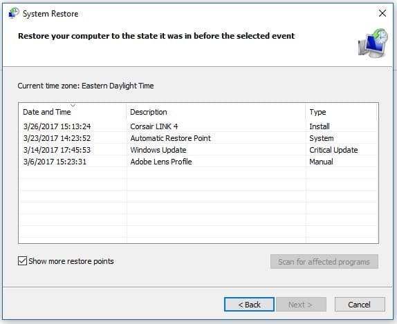 system restore points