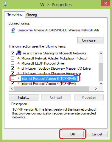 unmark Internet Protocol Version 6 (TCP-IPv6)