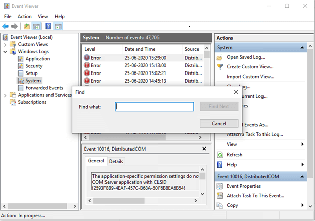 find option in system error log