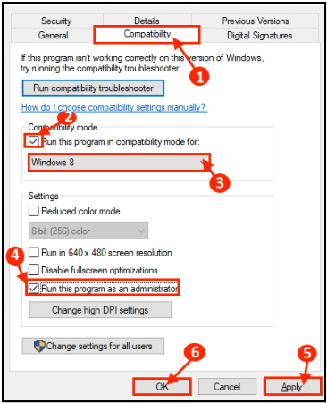Compatibility tab from properties