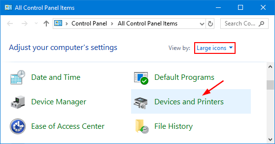 devices and printer from control panel