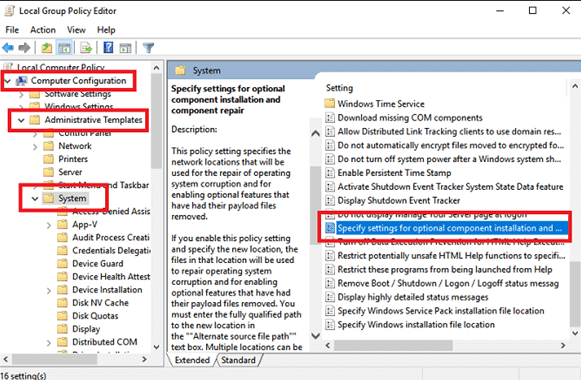 Specify settings for optional component installation and component repair