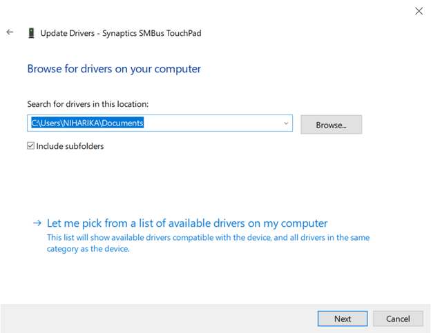 browse for Synaptics SMBus touchpad driver location