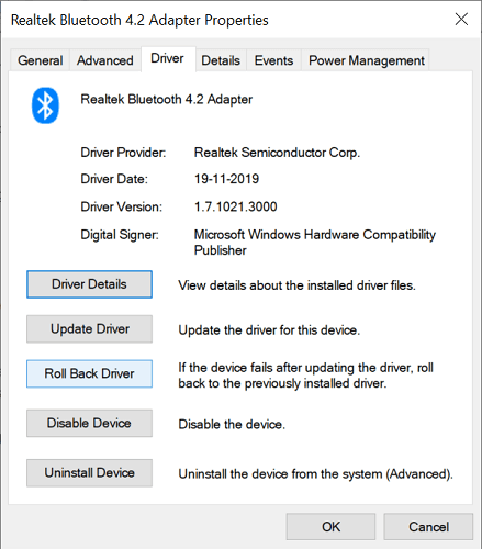 Roll Back Driver - bluetooth adapter
