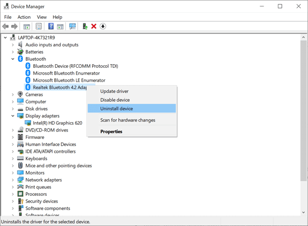 uninstall device driver of bluetooth adapter