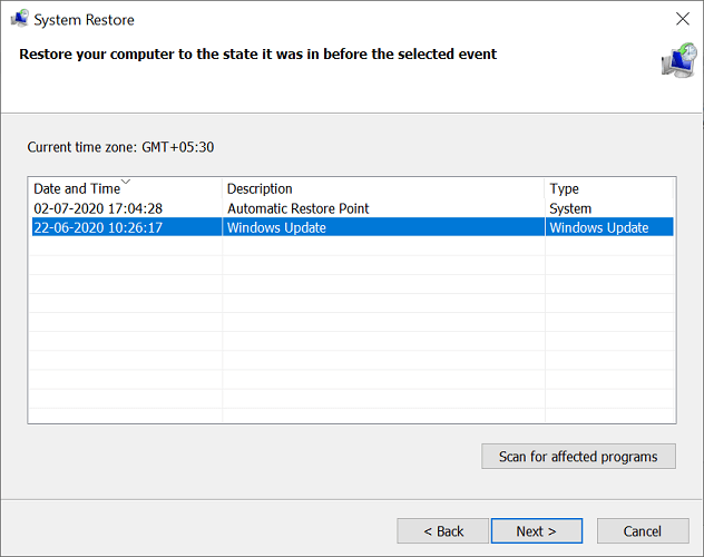 system restore point