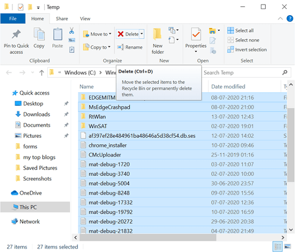 select all files in temp folder
