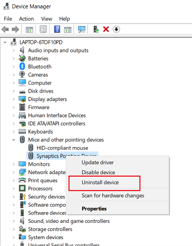 Uninstall Touchpad Driver via Device Manager