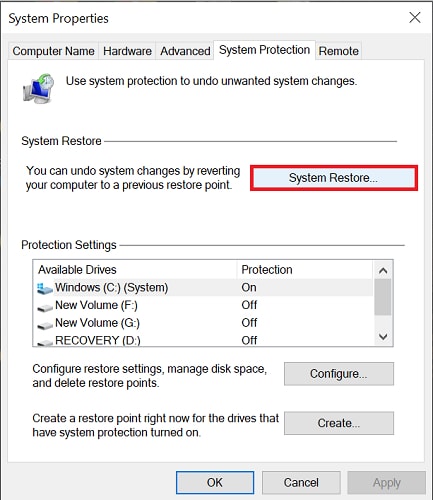 choose system restore from system protection tab