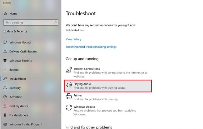 click on playing audio in troubleshoot option
