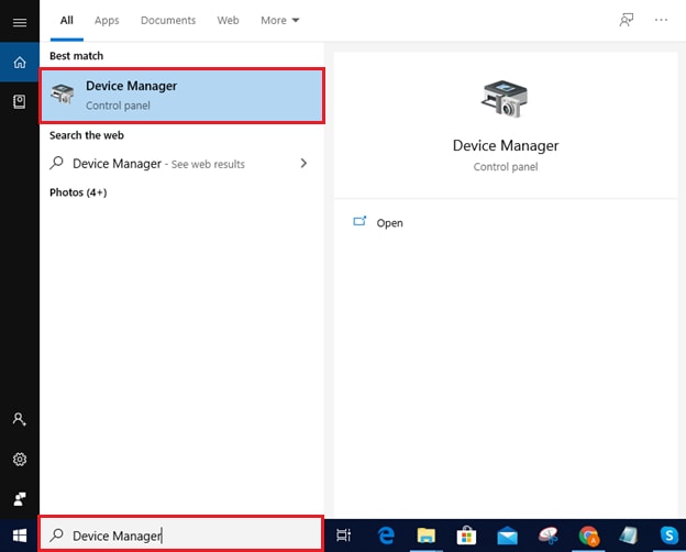 type device manager in windows search box