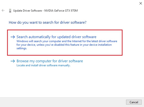 'Search automatically for updated driver software for NVIDIA