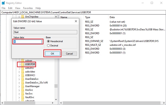 USBSTOR DWORD32 value change in registry editor