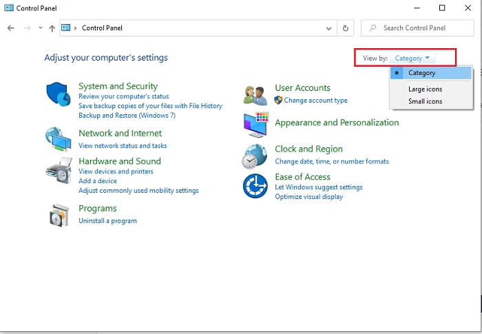 control panel view by category