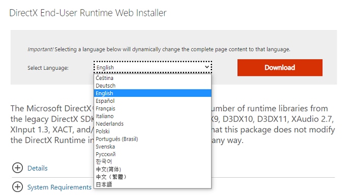 select language for DierectX End-User Runtime web installer
