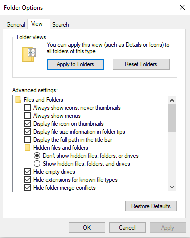 view tab in folder option