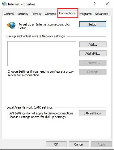 connection tab in internet properties