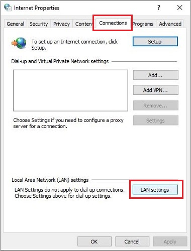 select LAN setting from connection tab in internet properties