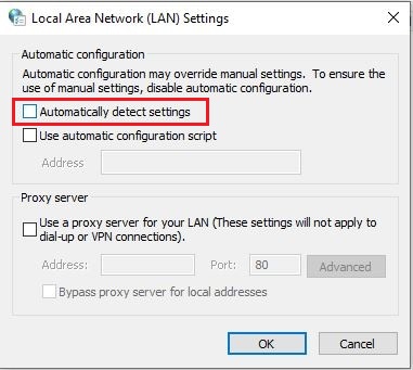 Unmark Automatically detect settings