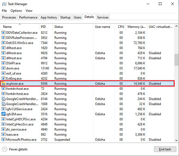 select explorer.exe process