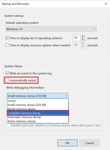select Complete memory dump