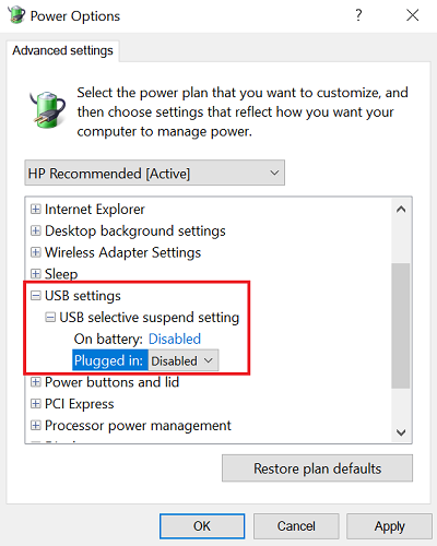 disabled usb selective suspend setting