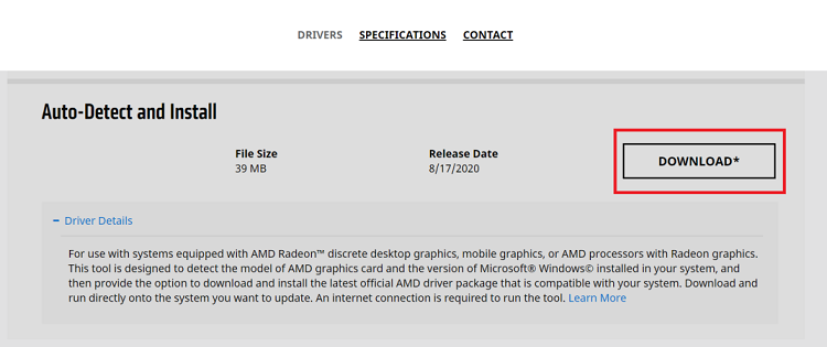 download the AMD driver auto detect tool
