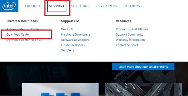 intel-Support-tab-and-click-on-download-center