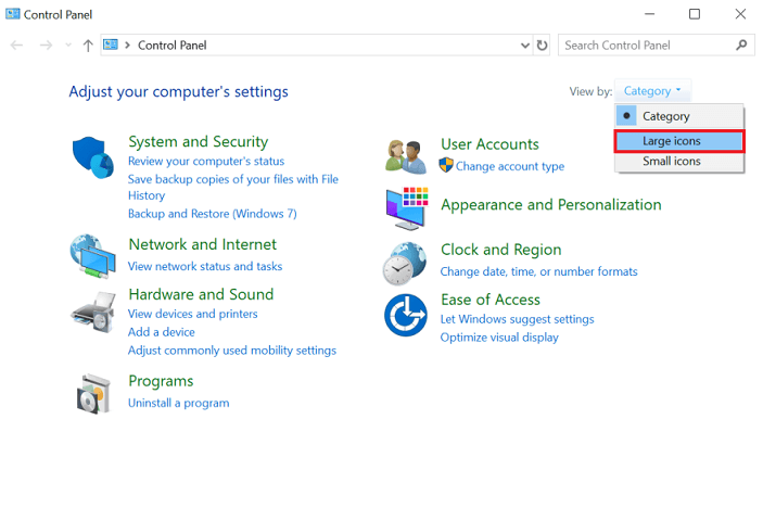 large icon in control panel