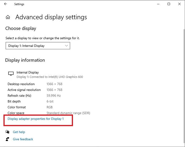 display adapter properties for display 1